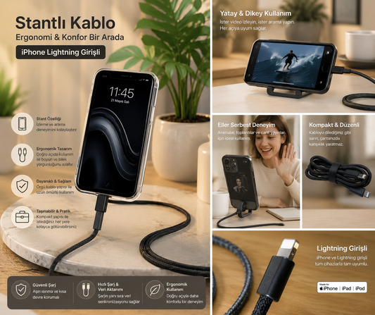 iPhone Lightning Girişli Stantlı Kablo – Ergonomik 2-in-1 Şarj Standı 30w destekli