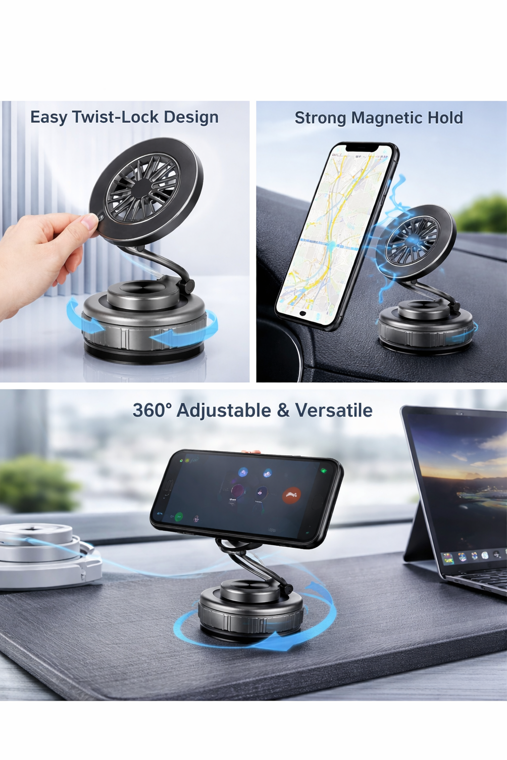 Manyetik Araç İçi Telefon Tutucu – Twist-Lock Kilit Sistemli, Süper Güçlü Mıknatıslı, 360° Ayarlanabilir Universal Oto Telefon Standı